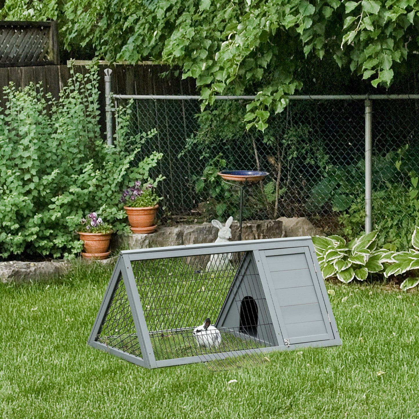PawHut 46" x 24" Wooden A-Frame Outdoor Rabbit Cage Small Animal Hutch with Outside Run & Ventilating Wire, Grey | Aosom Canada