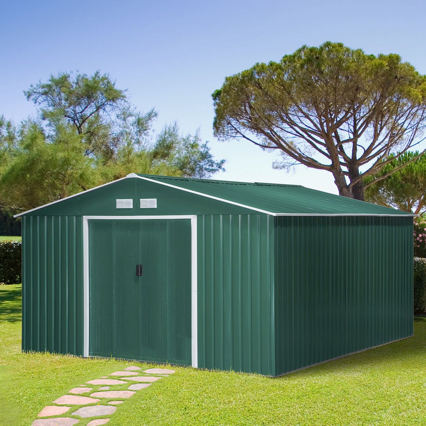 Outsunny 11.2ft x 12.7ft Practical Backyard Garden Storage Tool Shed Double Sliding Door 4 Ventilation Slots, Green | Aosom Canada