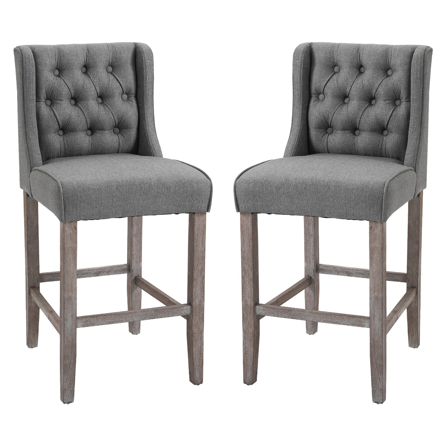Homcom 26" Kitchen Bar Stools Set Of 2 With Nailhead Trim Dining Wooden Tall Bar Stools Height Chairs Grey | Aosom Canada
