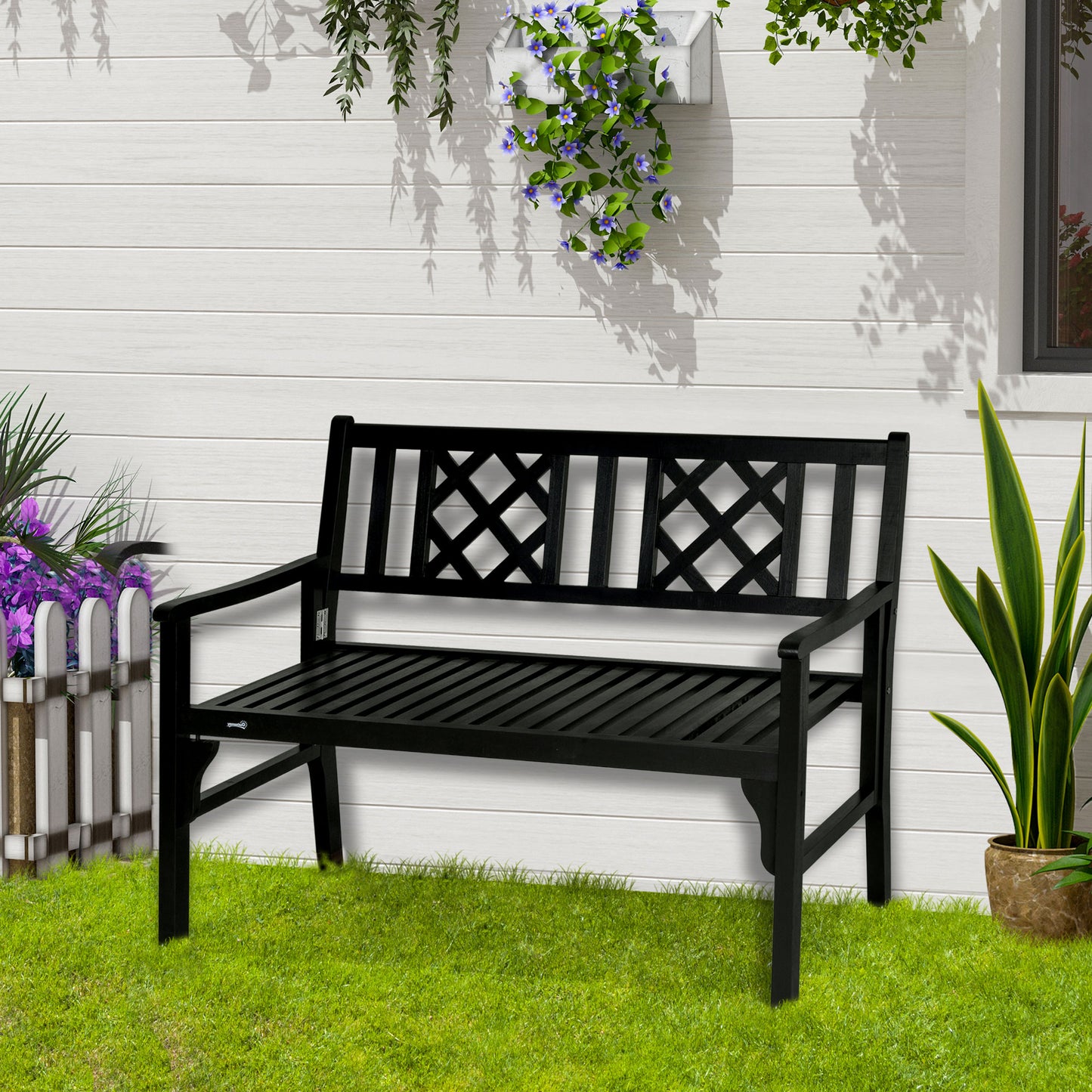 Outsunny Foldable Garden Bench, 2-Seater Patio Wooden Bench, Loveseat Chair with Backrest and Armrest, Black | Aosom Canada