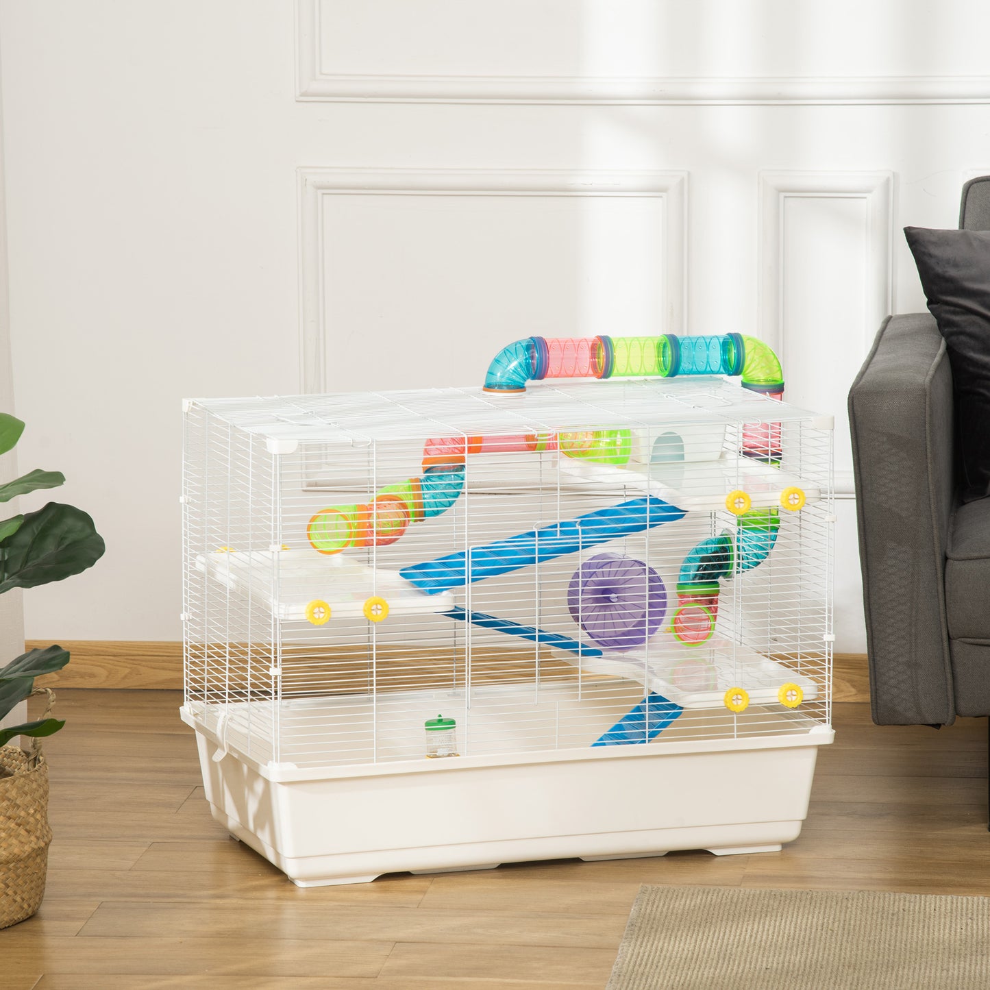 PawHut 31" Large Hamster Cage, Small Animal House, Multi-storey Gerbil Haven, Tunnel Tube System, with Water Bottle, White | Aosom Canada