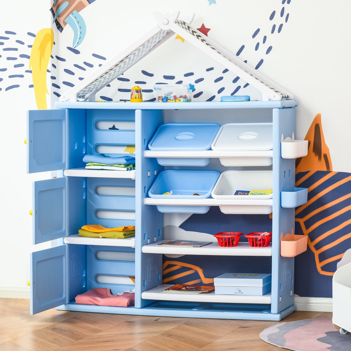 Qaba Kids toy Organizer and Storage Book Shelf with shelves, storage cabinets, storage boxes, and storage baskets, Blue | Aosom Canada