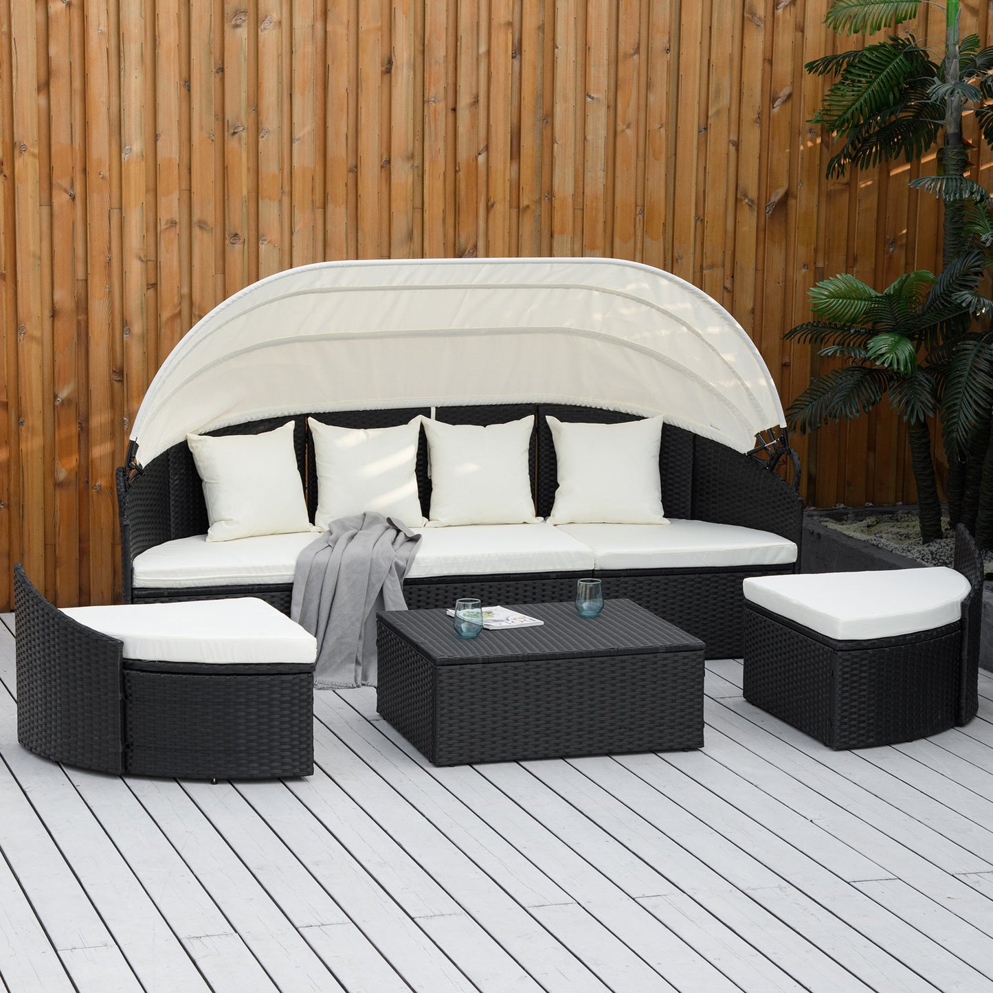 Outsunny 4 Pieces Patio PE Wicker Lounge Set, Rattan Conversation Furniture Set, Round Sofa Bed with Canopy, Cushioned, & Pillows | Aosom Canada