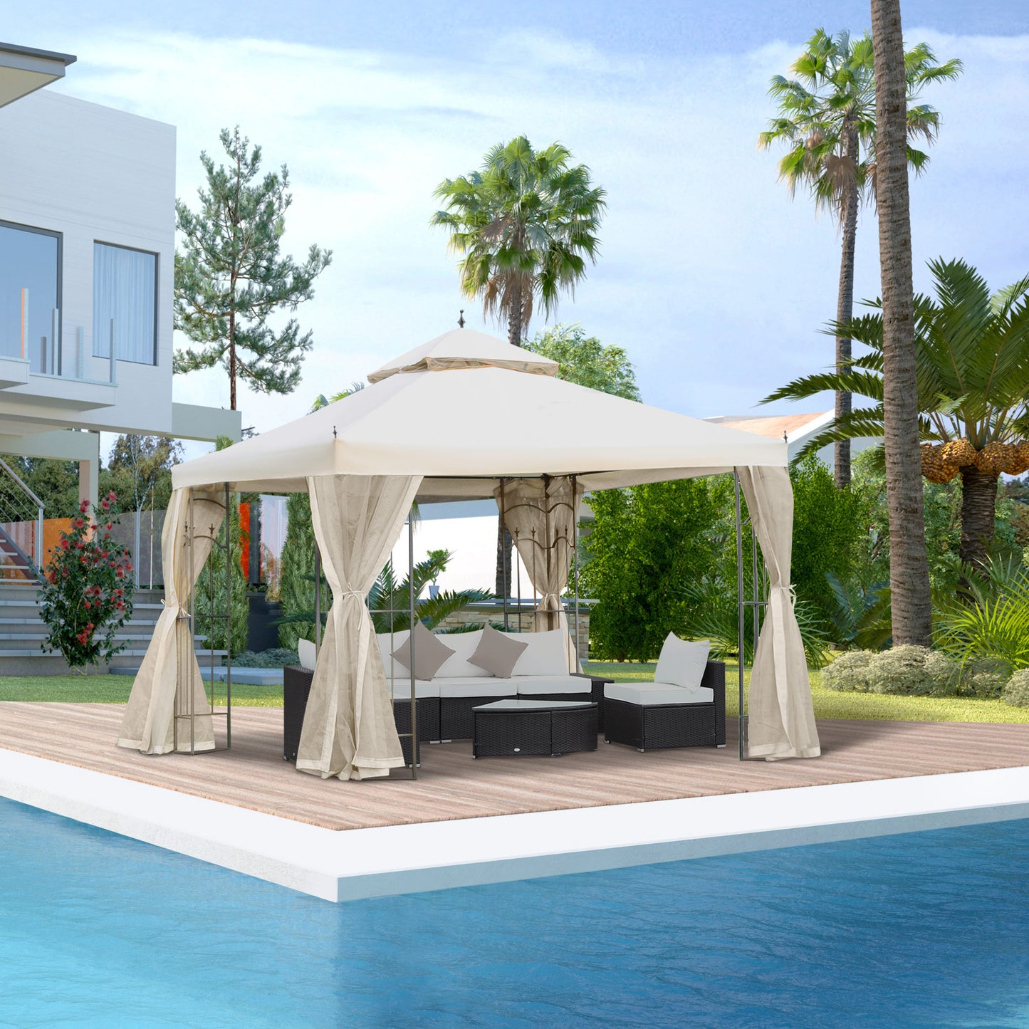 Outsunny 10x10ft Garden Gazebo Double Top Outdoor Canopy Patio Event Party Tent Backyard Sun Shade with Mesh Curtain, Cream White | Aosom Canada