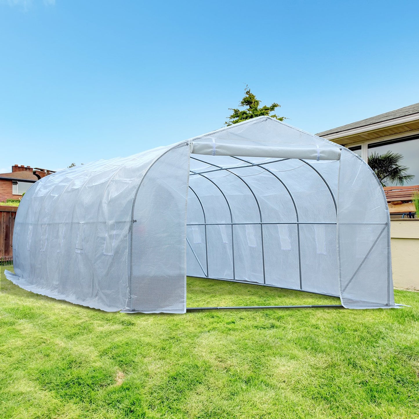 Outsunny Large Greenhouse Heavy Duty Steeple Outdoor Garden Plant Seed Tunnel Grow Tent Premium Steel Frame 26’L x 10’W x 6.5’H White | Aosom Canada