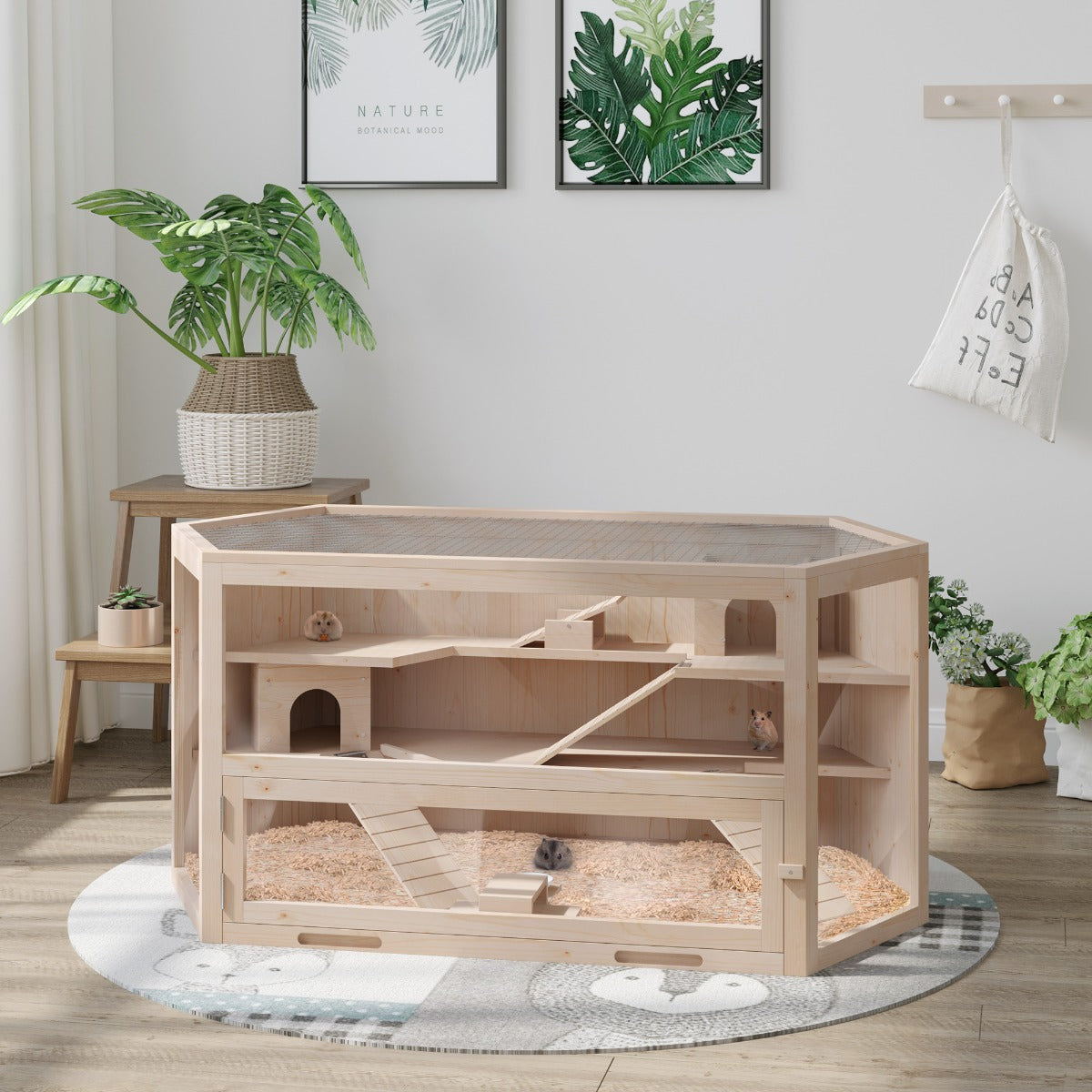 PawHut Fir Wood Hamster Cage Mouse Rats Small Animal Exercise Play House 3 Tier w/ Slide Activity Center | Aosom Canada