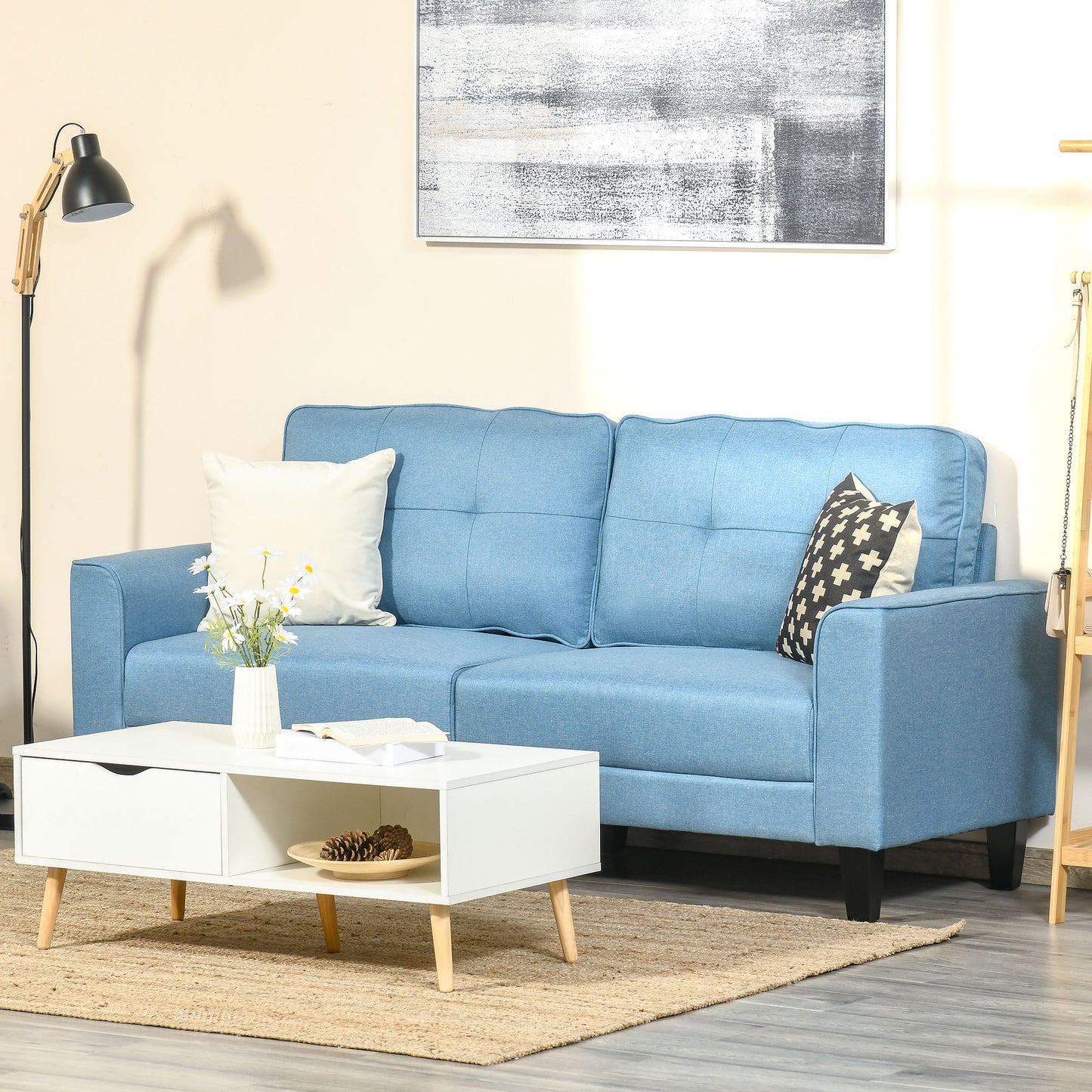 HOMCOM Mid-Century Loveseat Sofa with Upholstered Seat, Linen Fabric 2 Seater Couch with Arms and Rubber Wood Legs | Aosom Canada