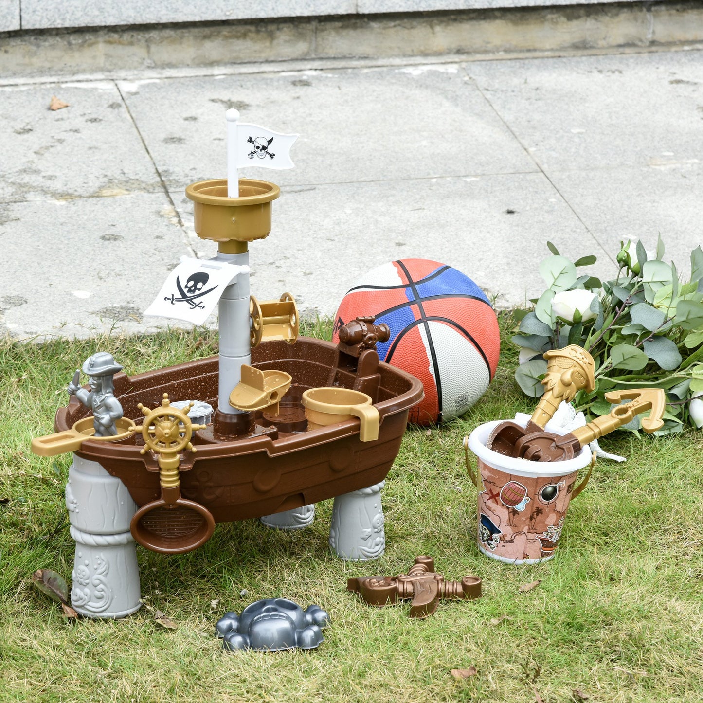 Qaba Pirate Ship Theme Sand and Water Table Beach Toy Set 2 in 1 Outdoor Activities set for Kids Sandpit Sandbox 3 Years Old Toddlers | Aosom Canada