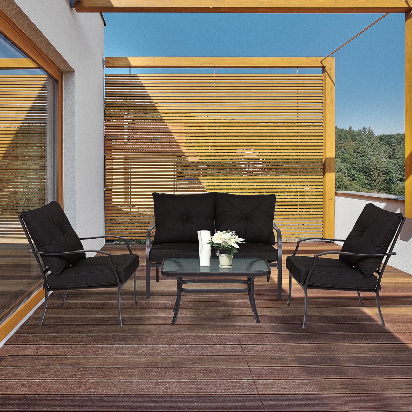 Outsunny 4 Pcs Metal Frame Garden Sofa Set w/ Loveseat 2 Chairs Glass Top Table Foam Cushions | Aosom Canada