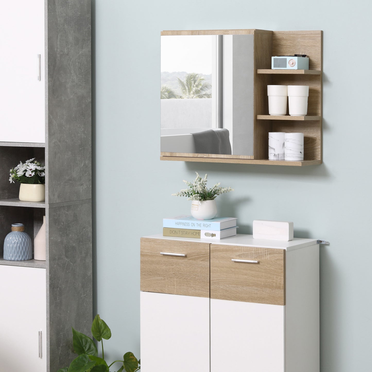 kleankin 23.5 Inch Bathroom Wall Mounted Cabinet, Medicine Mirror Cabinet, Hanging Storage Organizer with 5 Shelves, Natural | Aosom Canada