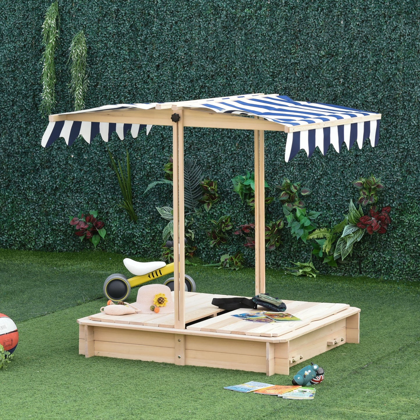 Outsunny Kids Wooden Cabana Sandbox Children Outdoor Backyard Playset Play Station w/ Adjustable Canopy Convertible Bench Seat Sand | Aosom Canada