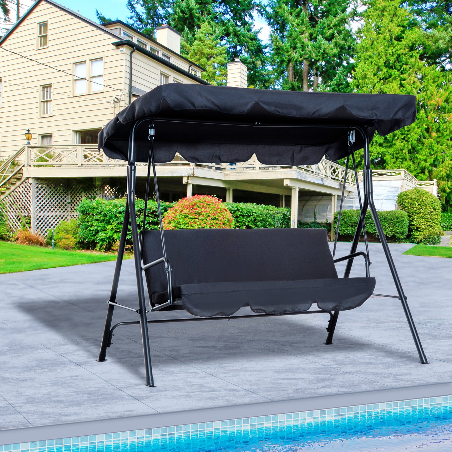 Outsunny Metal 3-Seater Porch Swing with Stand Outdoor Patio Swing with Canopy Cushioned Garden Lounger Black | Aosom Canada