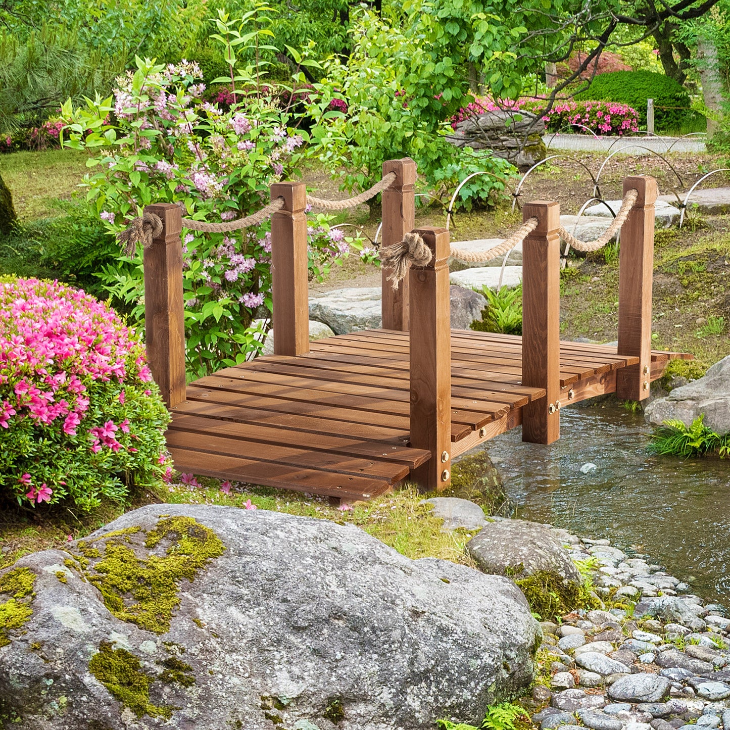 Outsunny 5FT Wooden Garden Bridge Outdoor Decorative Arc Footbridge with Hemp Rope Railings & Solid Fir Construction, Orange | Aosom Canada