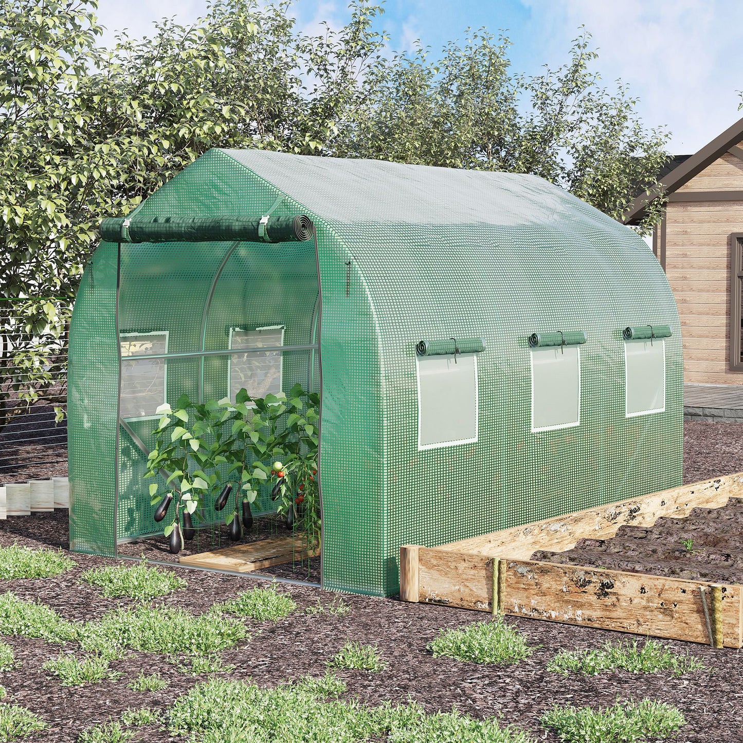 Outsunny 9.4' x 6.3' x 6.4' Steeple Walk-in Greenhouse Garden Plant Seed Grow Tent Polytennel with Windows and Door Green | Aosom Canada