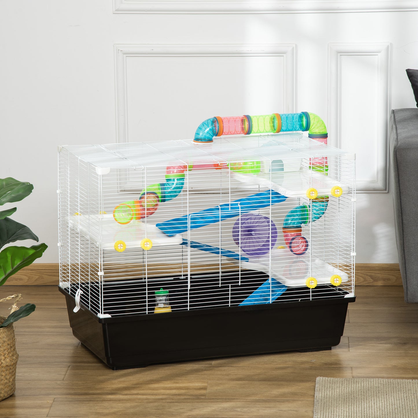 PawHut 31" Large Hamster Cage, Small Animal House, Multi-storey Gerbil Haven, Tunnel Tube System, with Water Bottle, Black | Aosom Canada