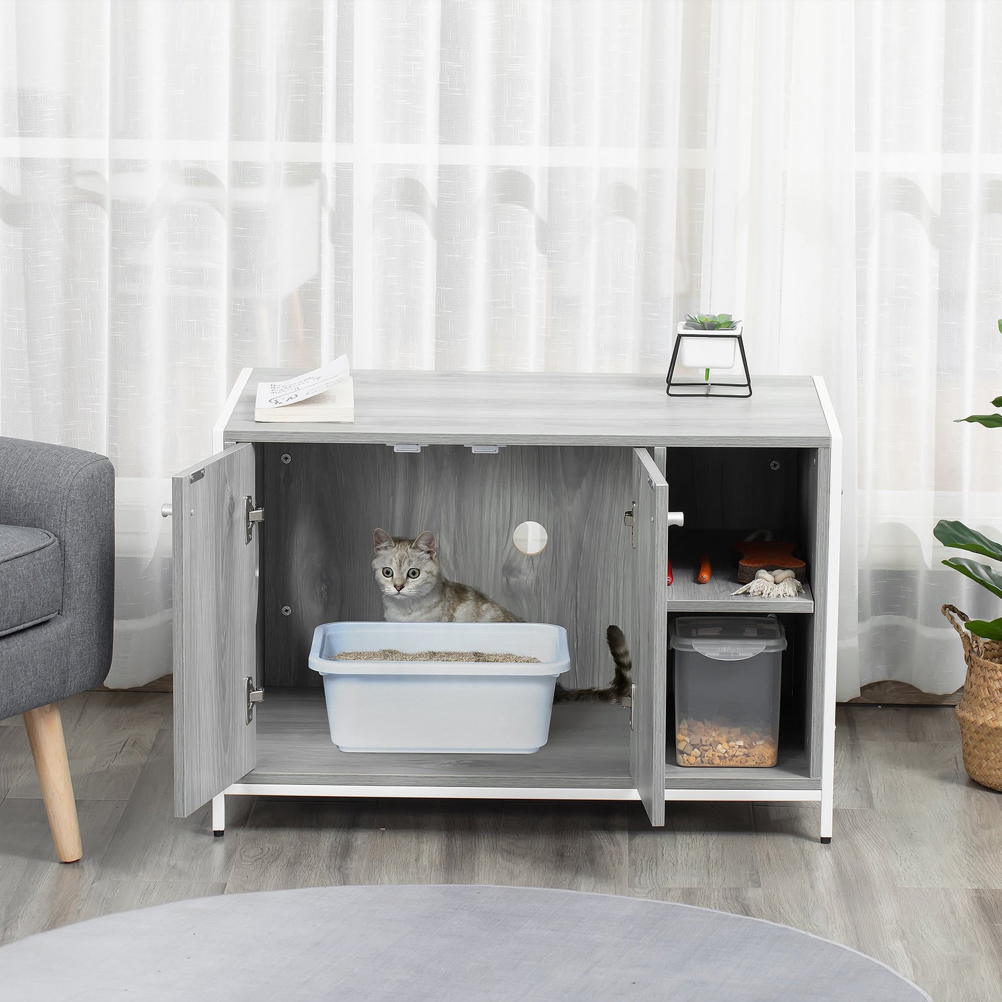 PawHut Cat Litter Box Enclosure Hidden Cat Furniture Cabinet Indoor Cat Washroom Double-door Nightstand End Table Grey | Aosom Canada