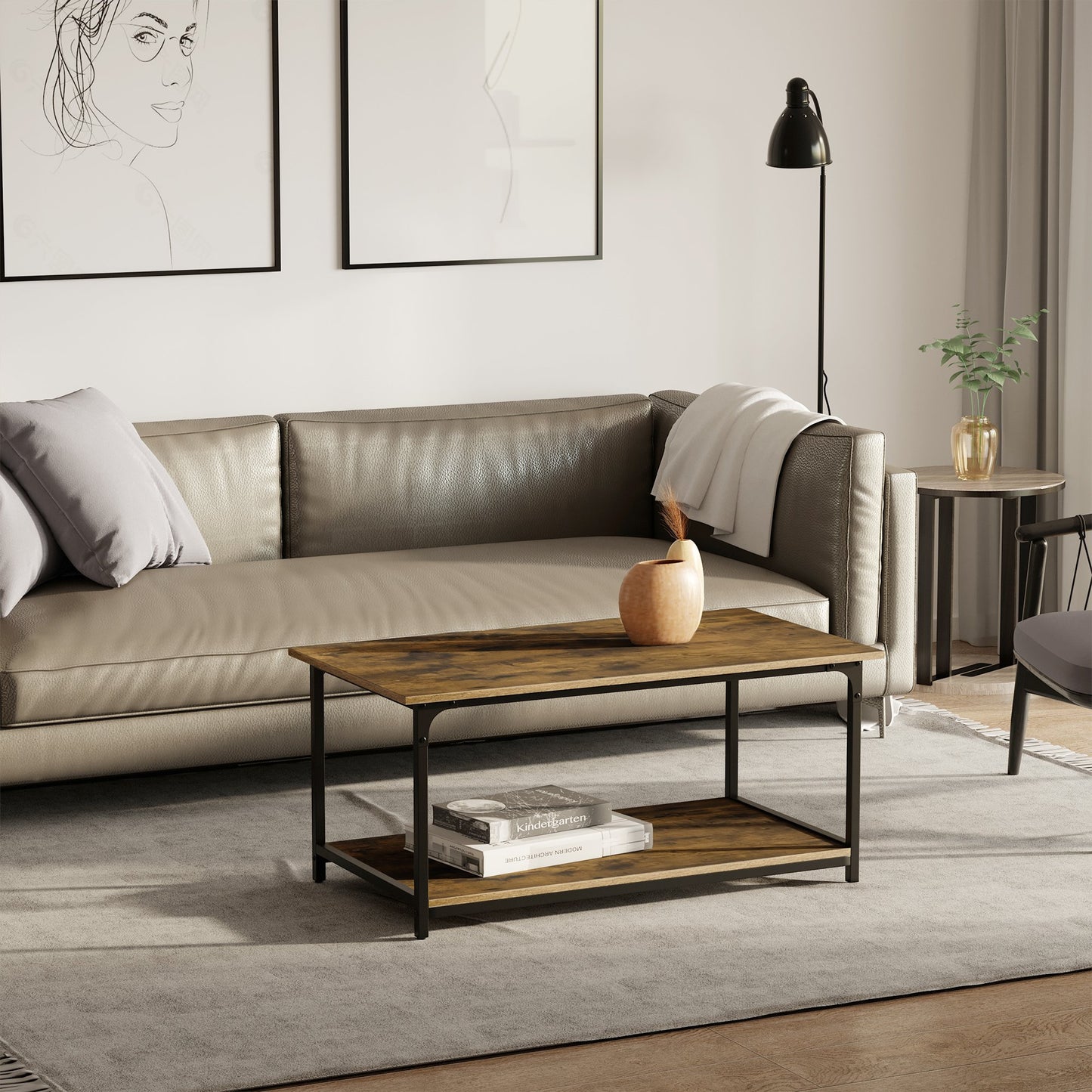 HOMCOM Rustic Coffee Table 39 Inches Industrial Style Center Table with Storage Shelves Steel Frame for Living Room Rustic Brown | Aosom Canada