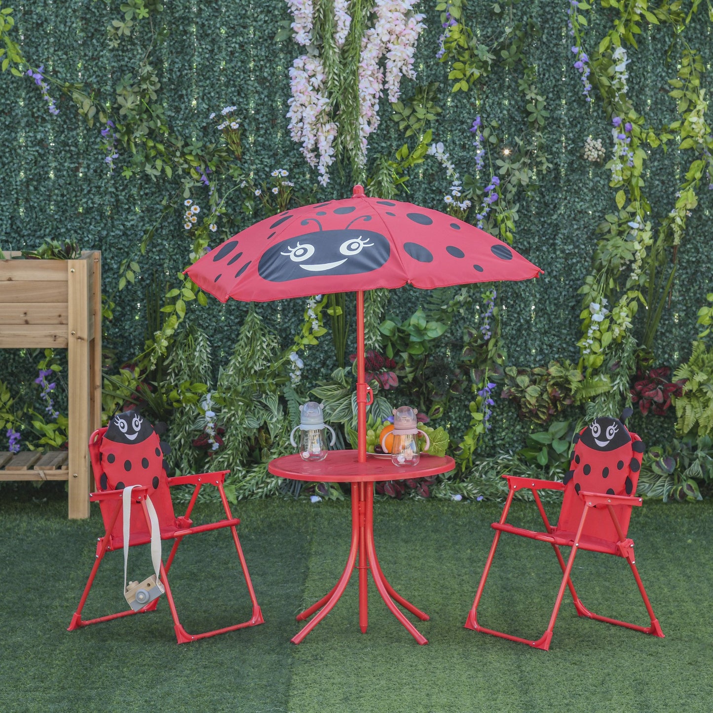 Outsunny Kids Folding Picnic Table and Chair Set Ladybug Pattern Outdoor Garden Patio Backyard with Removable & Sun Umbrella Red | Aosom Canada