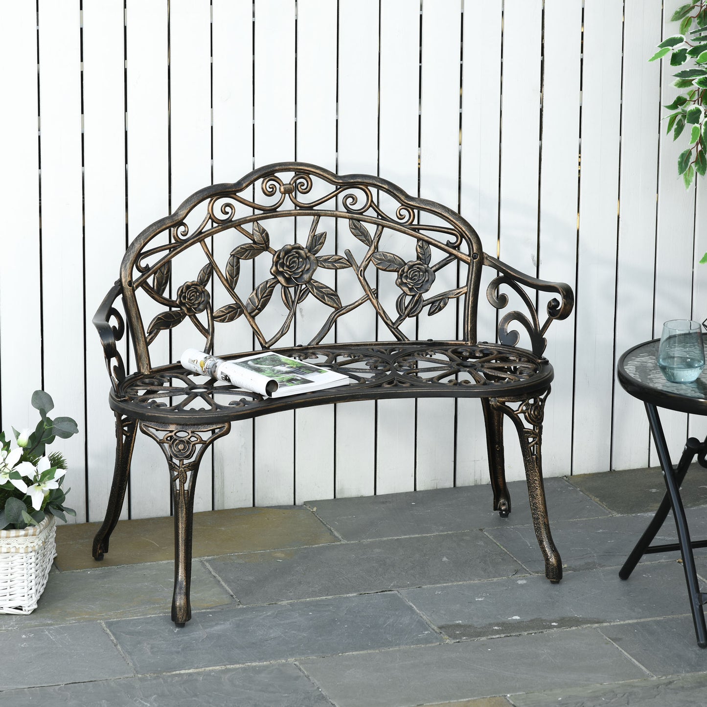 Outsunny 40" Cast Aluminum Antique Rose Style Outdoor Patio Garden Park Bench Accented Lawn for 2 Person Seat Bronze | Aosom Canada