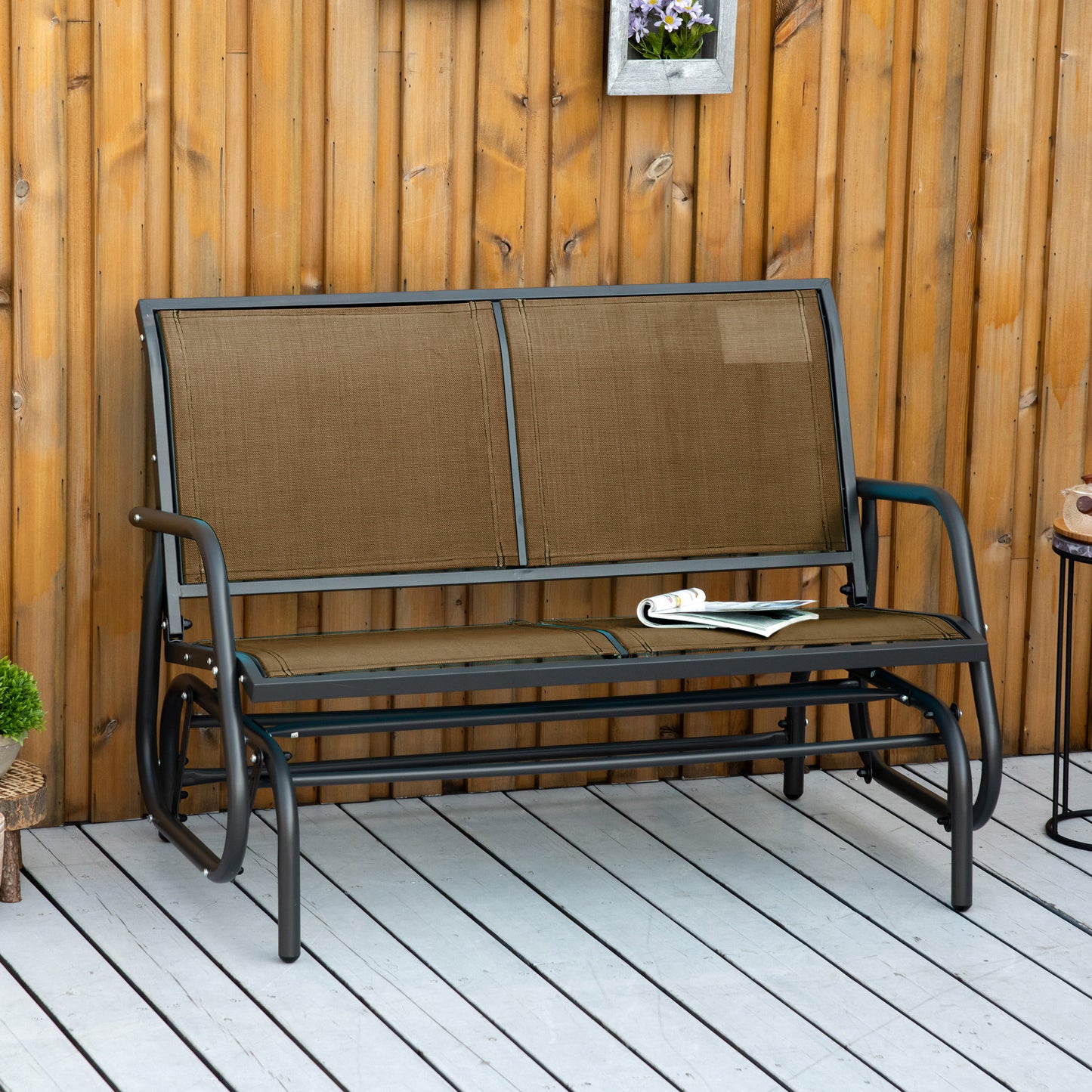 Outsunny Patio Double Glider Outdoor Steel Sling Fabric Gliding Bench Garden Swing Chair Heavy-Duty Porch Rocker Garden Loveseat Brown | Aosom Canada