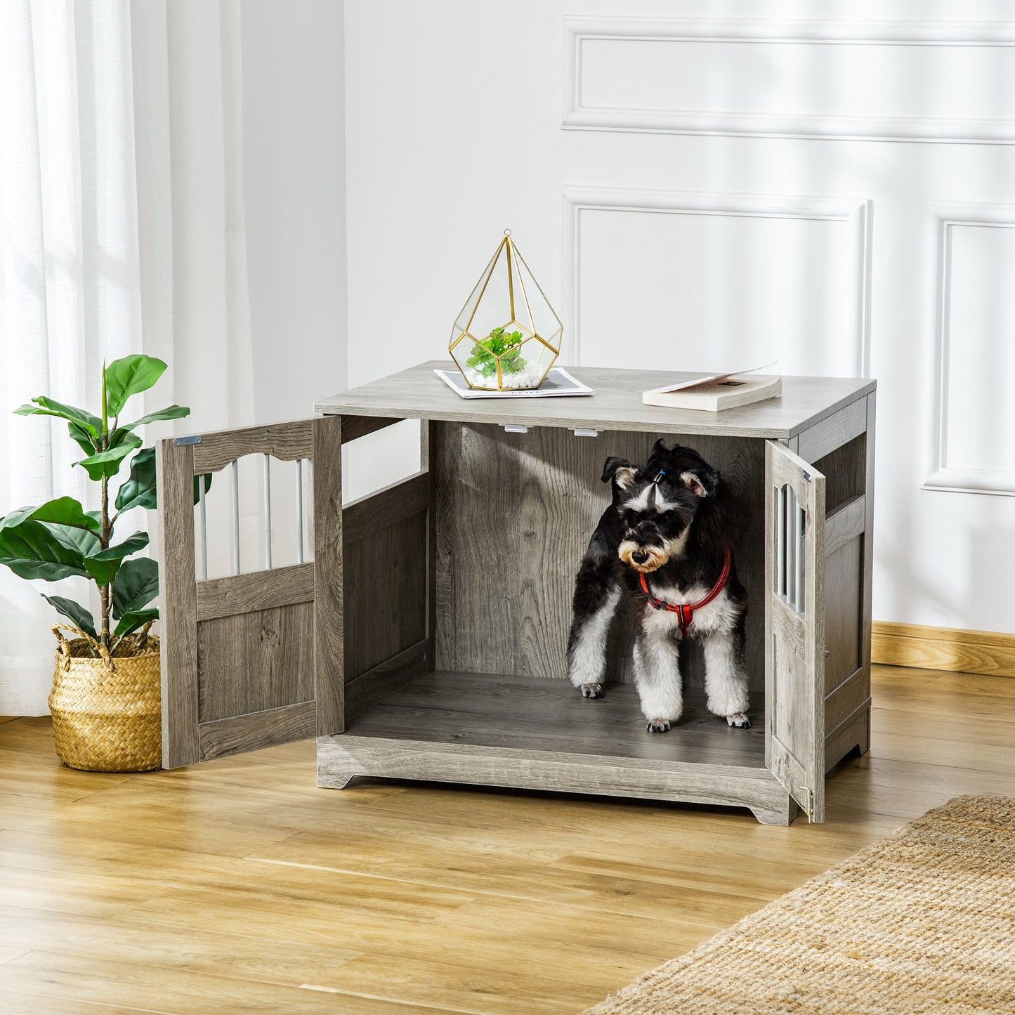 PawHut 29.5" Wooden Dog Cage with Windows, End Table Furniture Style, Modern Pet Kennel with Lockable Doors Elevated Base, Grey | Aosom Canada