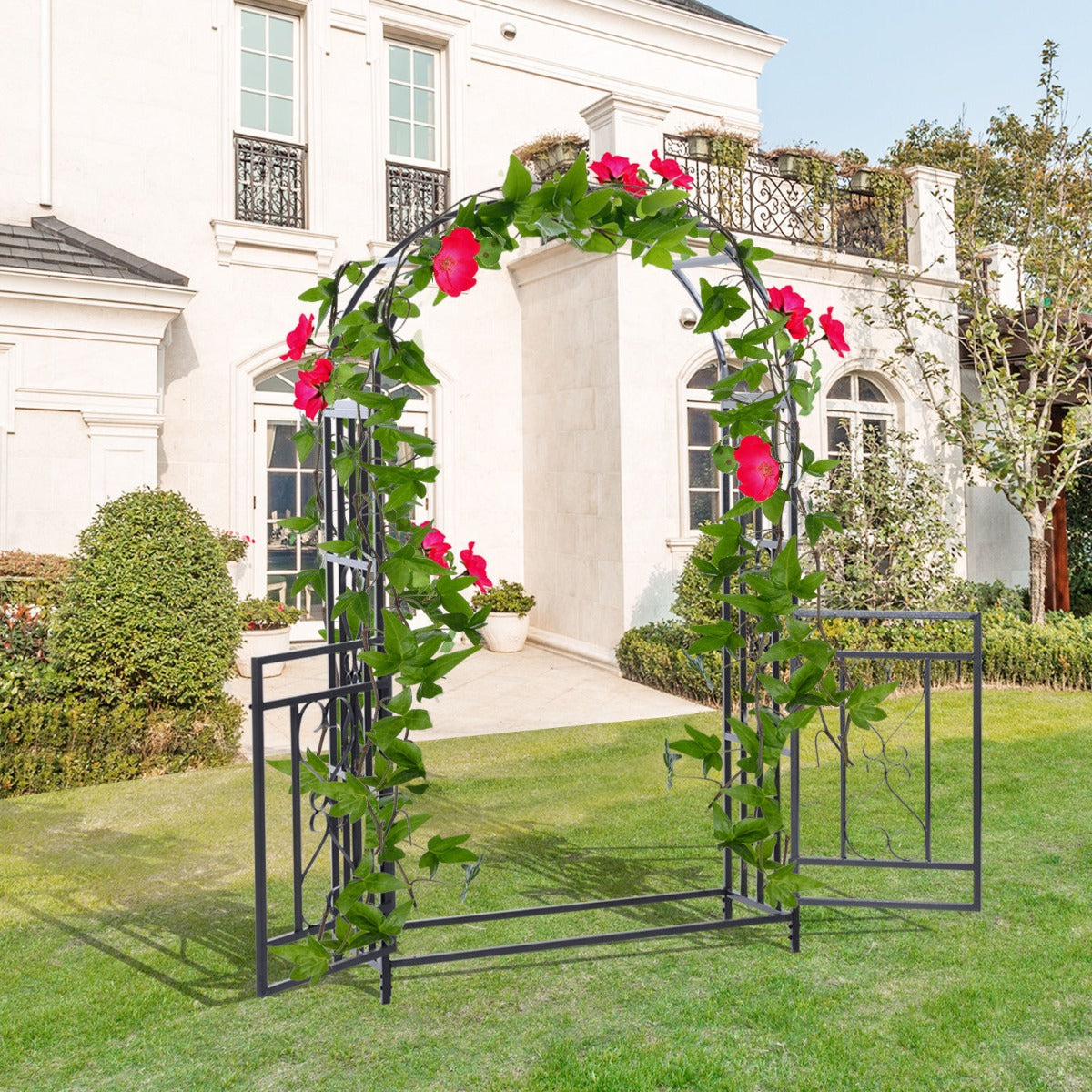 Outsunny 81" Steel Garden Arch w/ Gate Outdoor Courtyard Arbor for Climbing Vine Plants Lawn Backyard Decoration Black | Aosom Canada