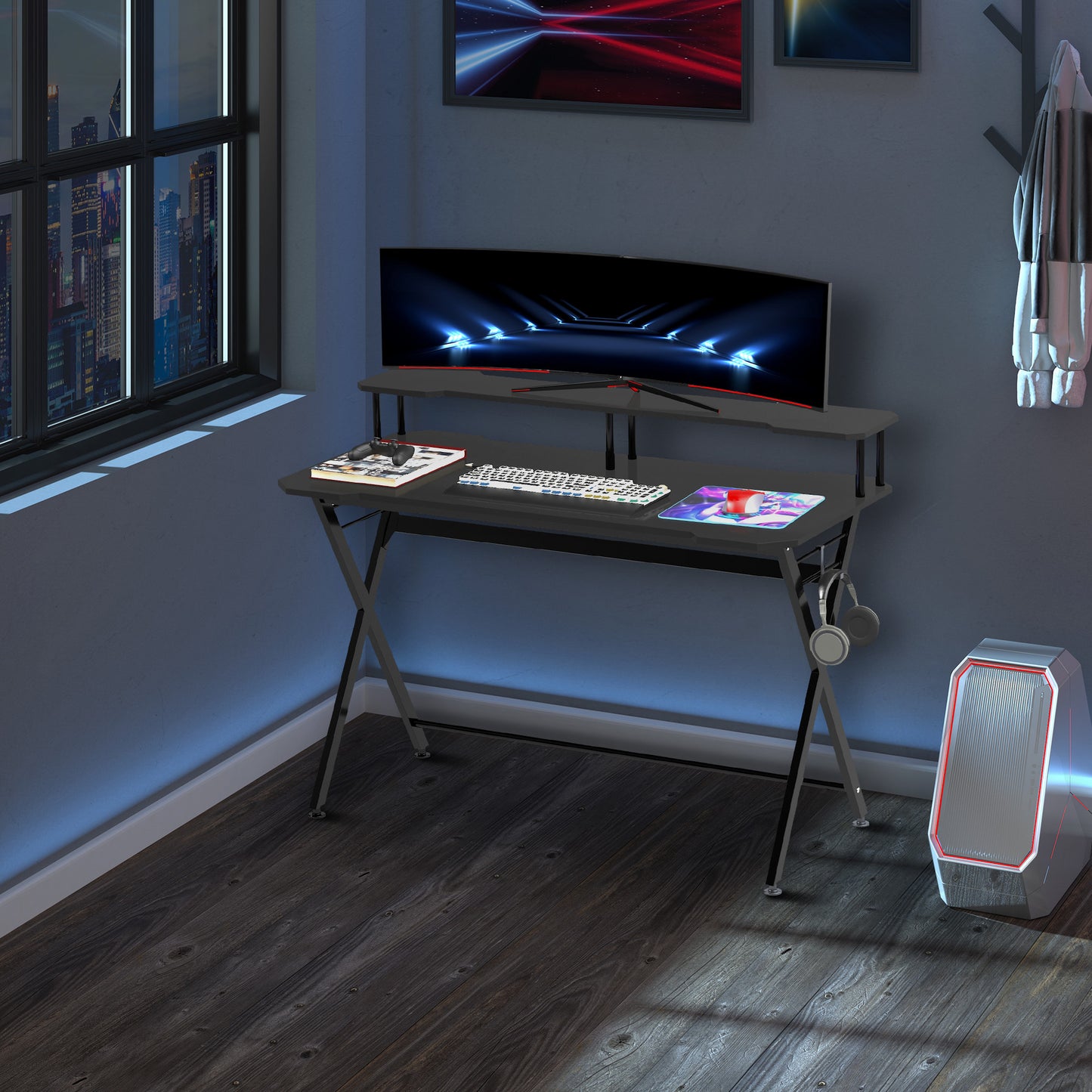 HOMCOM 55 inch Gaming Desk Racing Style Computer Office PC Gamer Workstation with Elevated Monitor Stand, Headphone Hook, Black | Aosom Canada