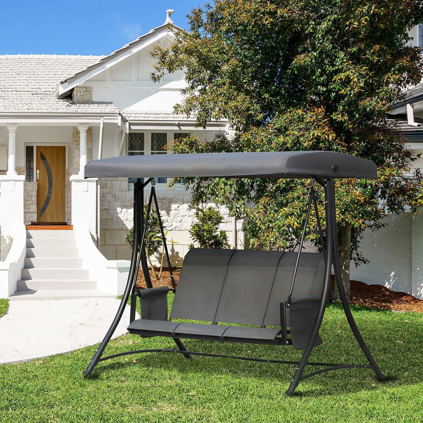 Outsunny 3 Person Porch Swing Chair with High Back Design, Side Pouches and Adjustable Canopy Outdoor Patio Dark Grey | Aosom Canada