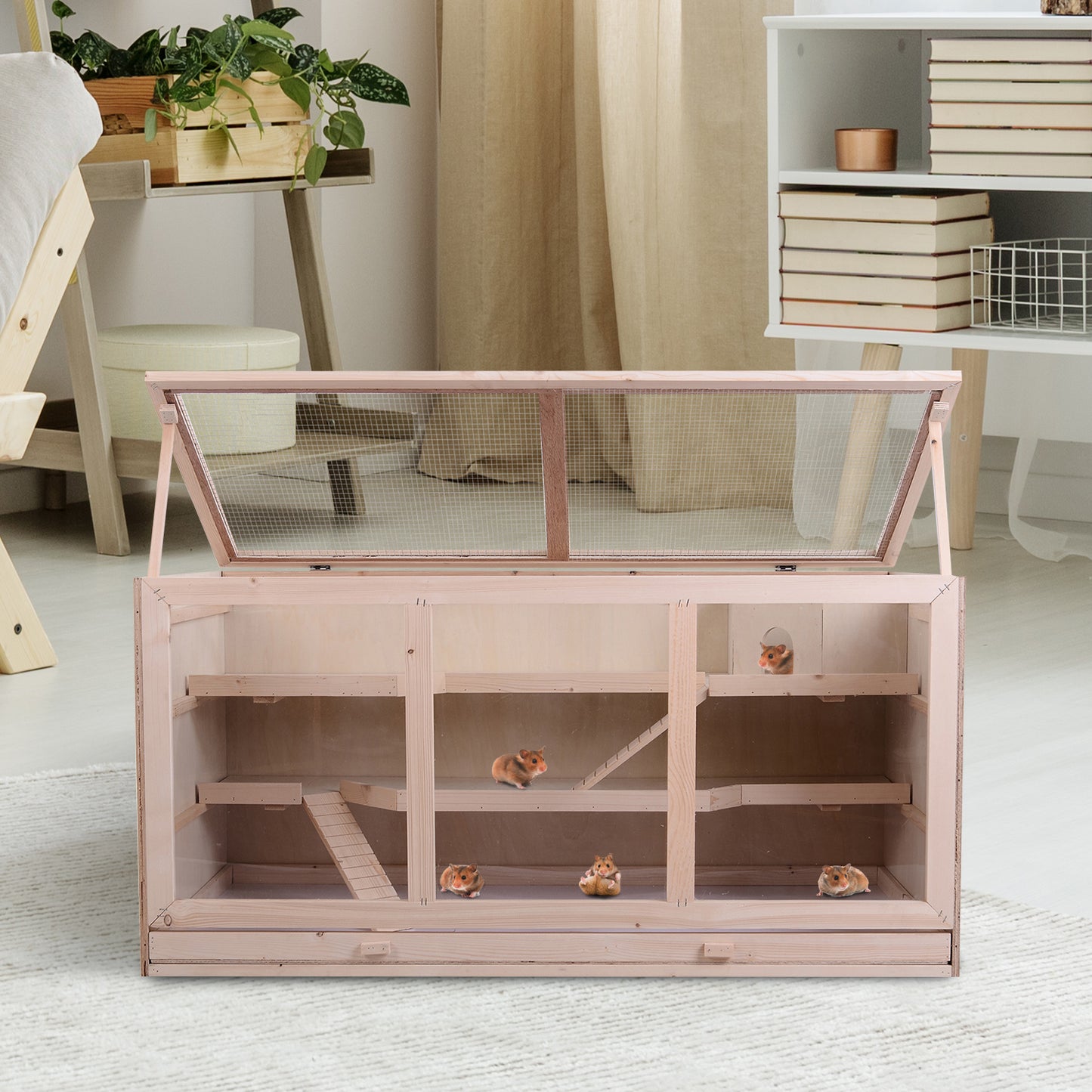 PawHut D2-0041 Fir Wood Hamster Cage Mouse Rats Mice Small Animals Exercise Play House w/ Slide Wooden Coop | Aosom Canada
