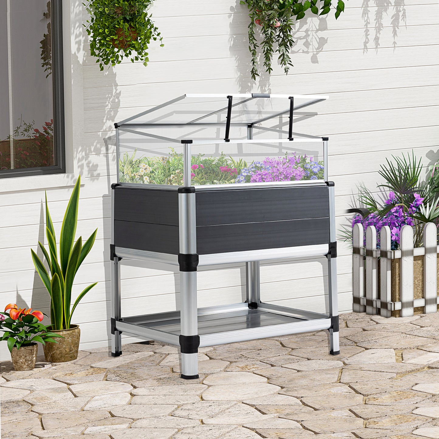 Outsunny Raised Garden Bed with Cold Frame Greenhouse and Storage Shelf, Outdoor Aluminum & PVC Elevated Planter Box | Aosom Canada