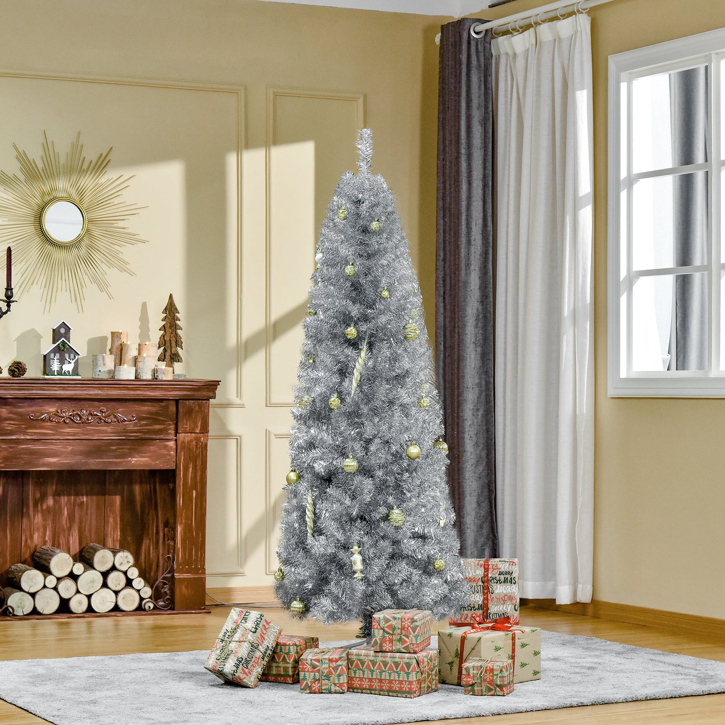 HOMCOM 6FT Artificial Pop-Up Christmas Tree Xmas Holiday Pencil Tree with Automatic Open for Home Office Party Silver | Aosom Canada