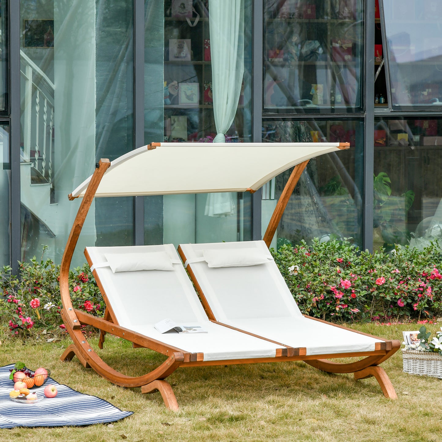 Outsunny Loveseat Lounge Chair with Adjustable Canopy Shade and 3-Level Backrest Removable Pillows for Patio Poolside Wood Frame Beige | Aosom Canada