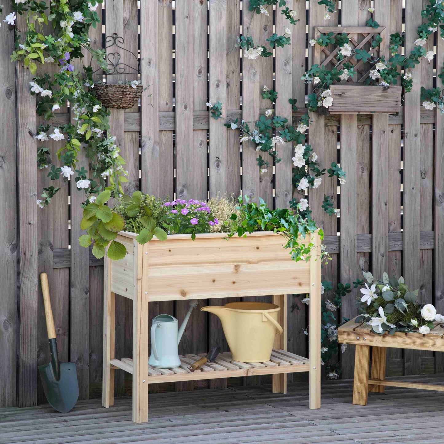 Outsunny Wooden Raised Garden Bed Standing Elevated Planter Box with Storage Shelf, 36"L x 16"W x 32"H, Natural | Aosom Canada