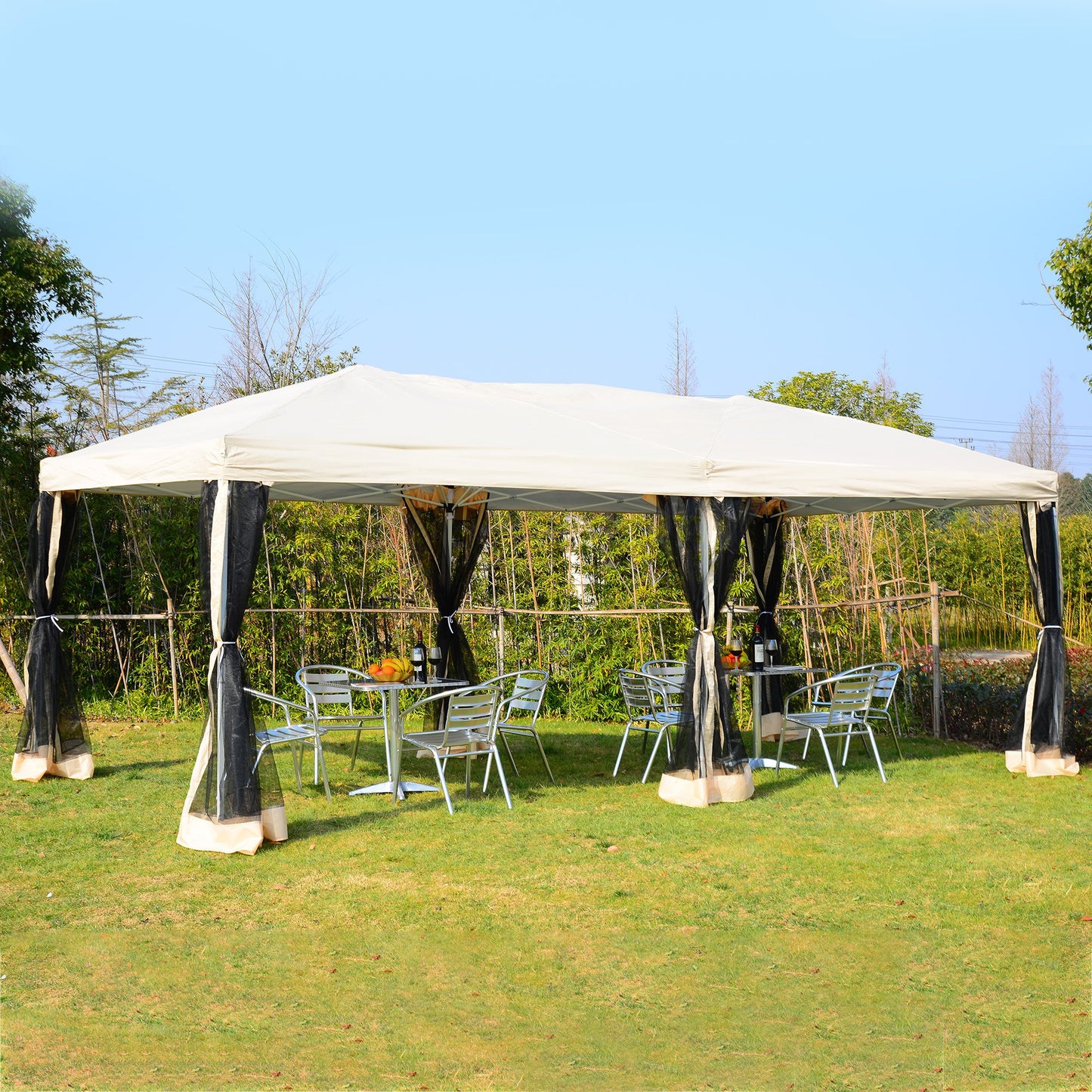 Outsunny 10x20ft Pop Up Party Tent Gazebo Canopy w/ 6 Removable Mesh Sidewalls and Carry Bag Beige | Aosom Canada