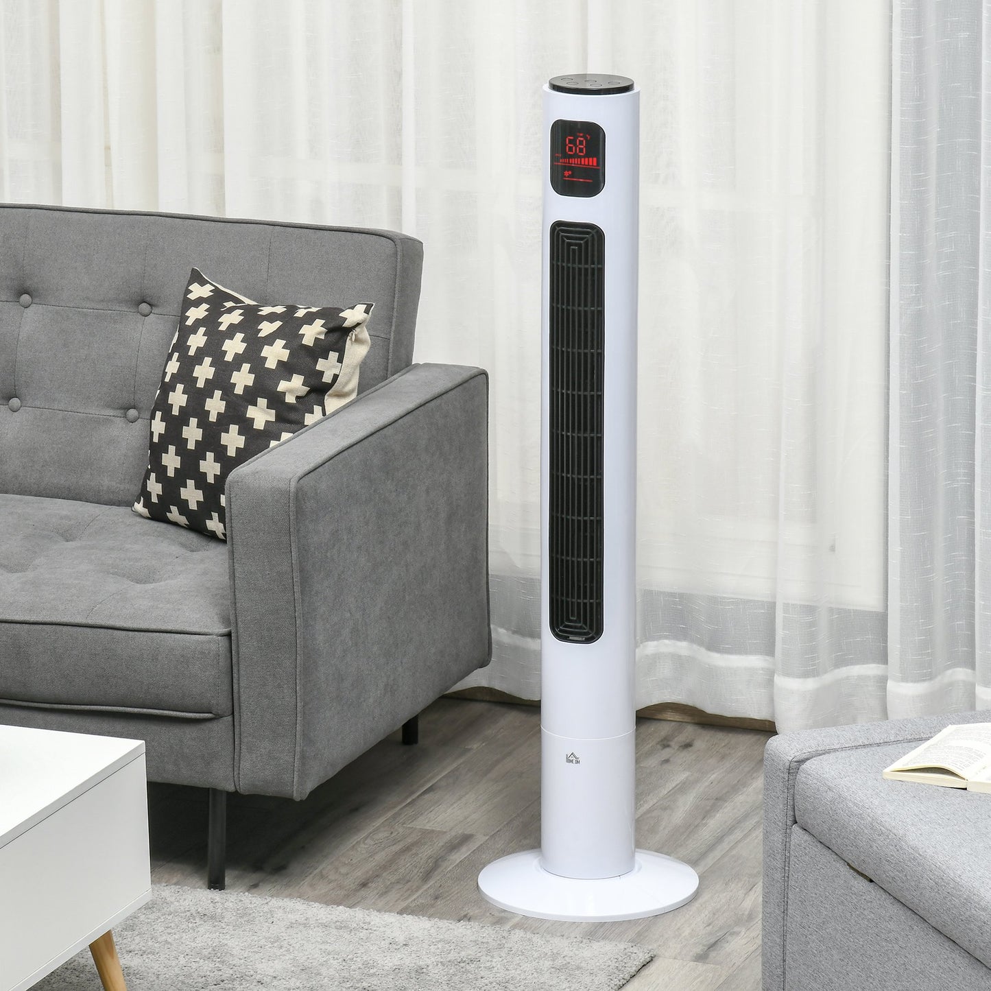 HOMCOM Freestanding Tower Fan Cooling for Home Bedroom with Oscillating, 3 Speed, 12h Timer, LED Sensor Panel, Remote Controller, White | Aosom Canada