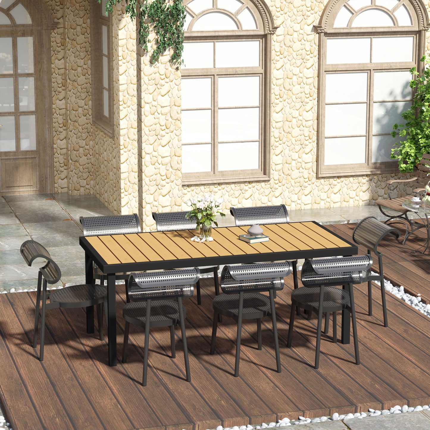 Outsunny Patio Dining Table for 8, Rectangular Aluminum Outdoor Table for Garden Lawn Backyard, Natural | Aosom Canada
