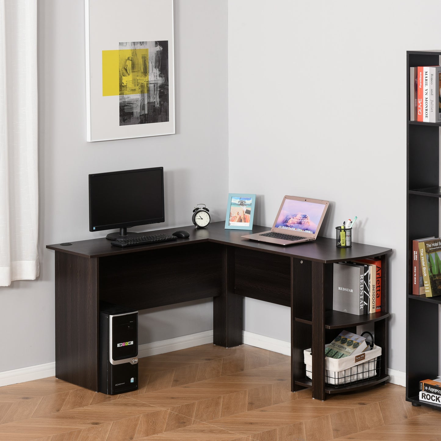 HOMCOM L-Shaped Computer Desk 2 Shelves Space Saving Home Office Black | Aosom Canada