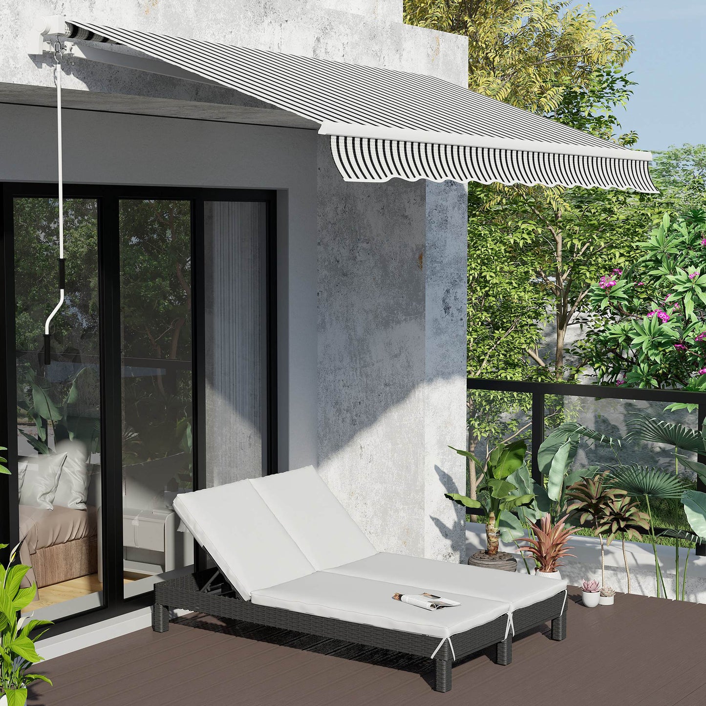 Outsunny Outdoor 2 Seater Double Rattan Sun Lounger Companion Reclining Recliner Wicker Weave Cushioned, Black, Cream White | Aosom Canada