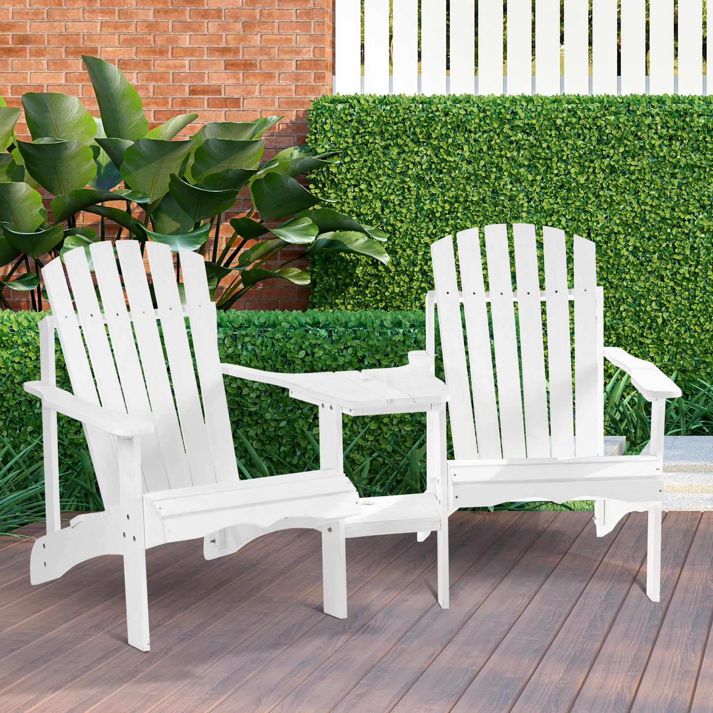 Outsunny 2 piece Pair Adirondack Chair Outdoor Patio Porch Tete-A-Tete Bench w/ Middle Table Reclined Wooden Umbrella Hole White | Aosom Canada