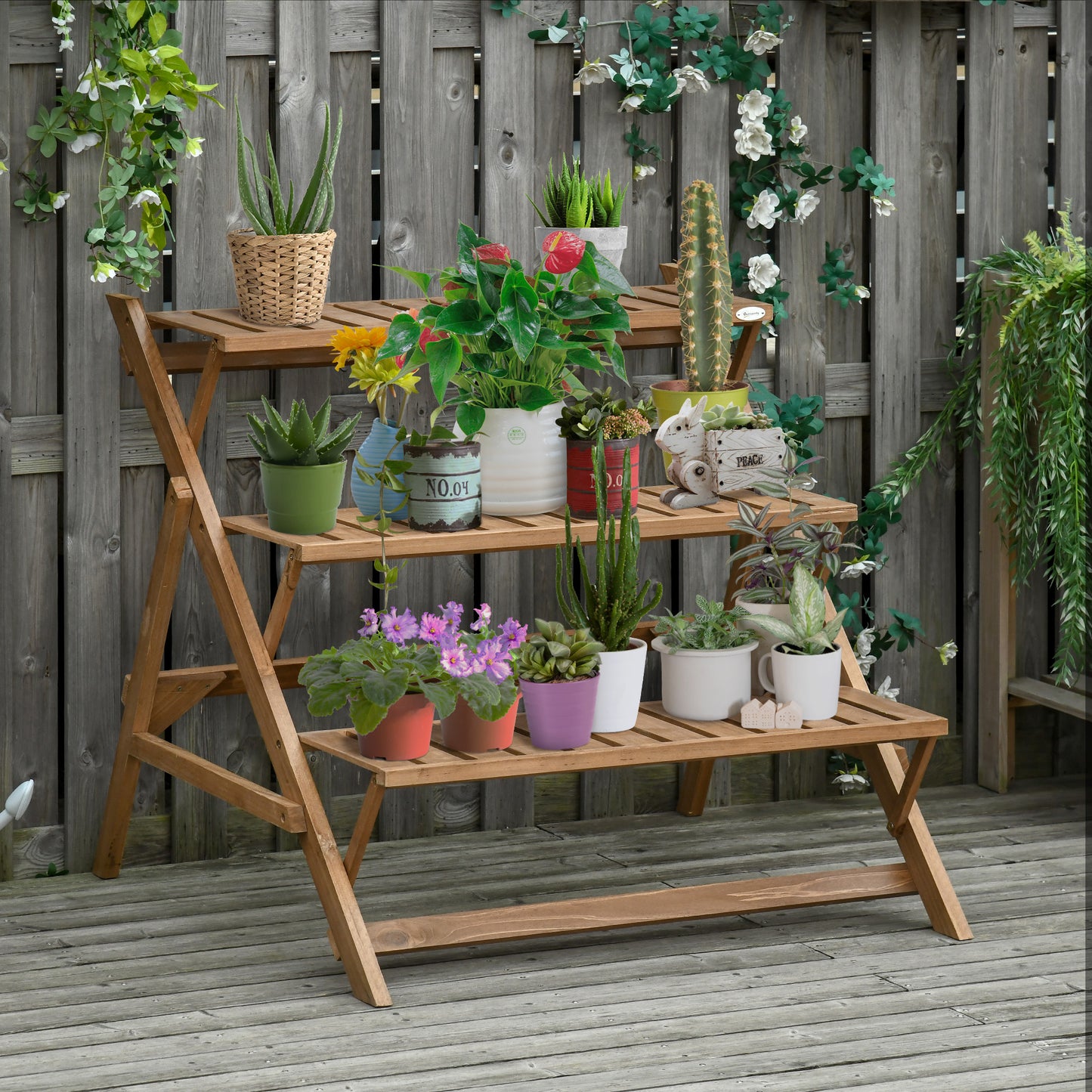 Outsunny 3-tier Ladder Plant Stand Foldable Wood Flower Display Shelf for Outdoor Home Garden, Brown | Aosom Canada