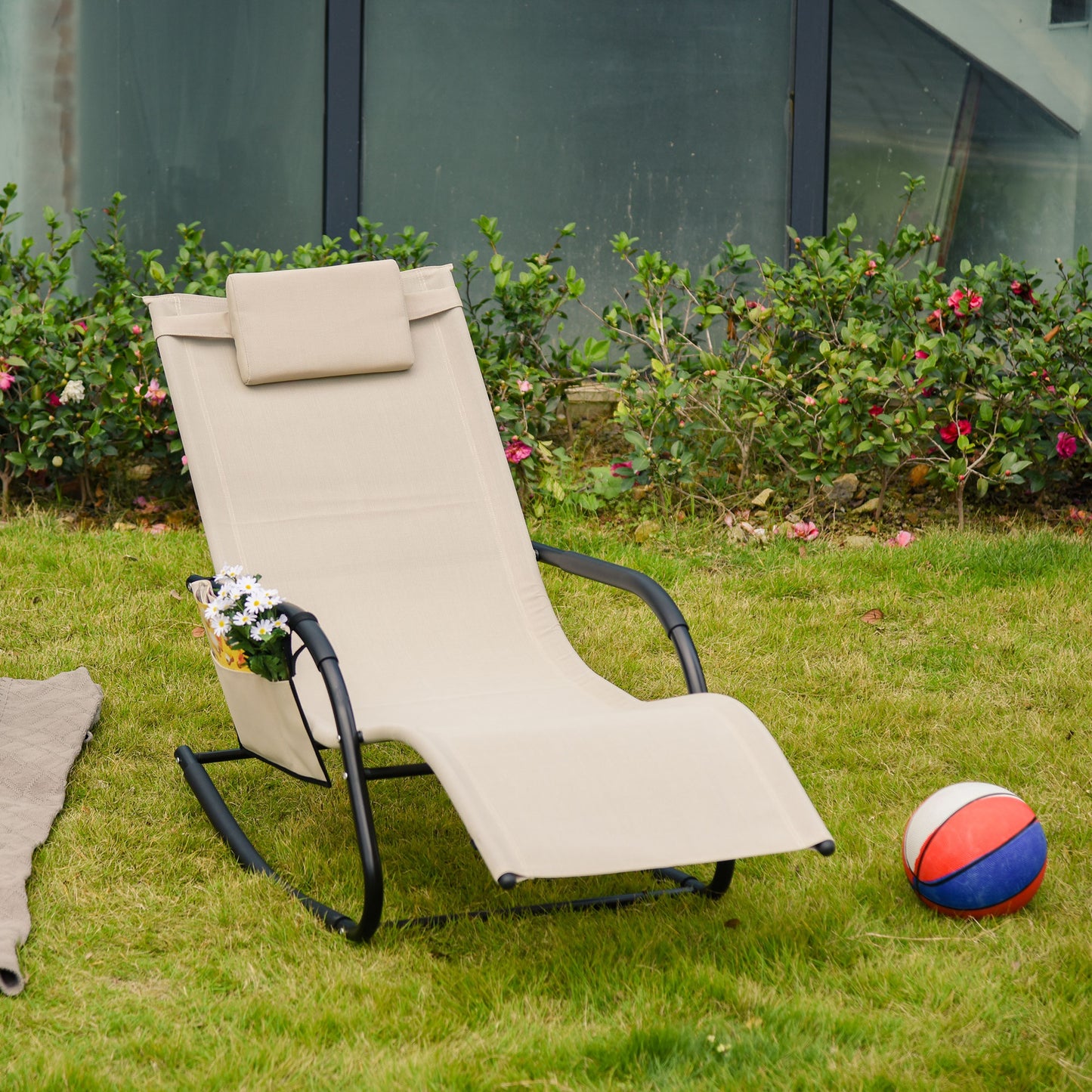 Outsunny Outdoor Rocking Recliner, Sling Sun Lounger with Removable Headrest and Side Pocket for Garden, Patio and Deck, Cream White | Aosom Canada