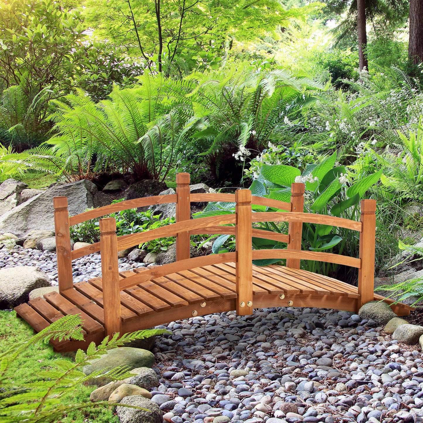 Outsunny 5FT Wooden Garden Bridge Classic Arc Footbridge with Guardrails for Stream Pond Walkway, Orange | Aosom Canada