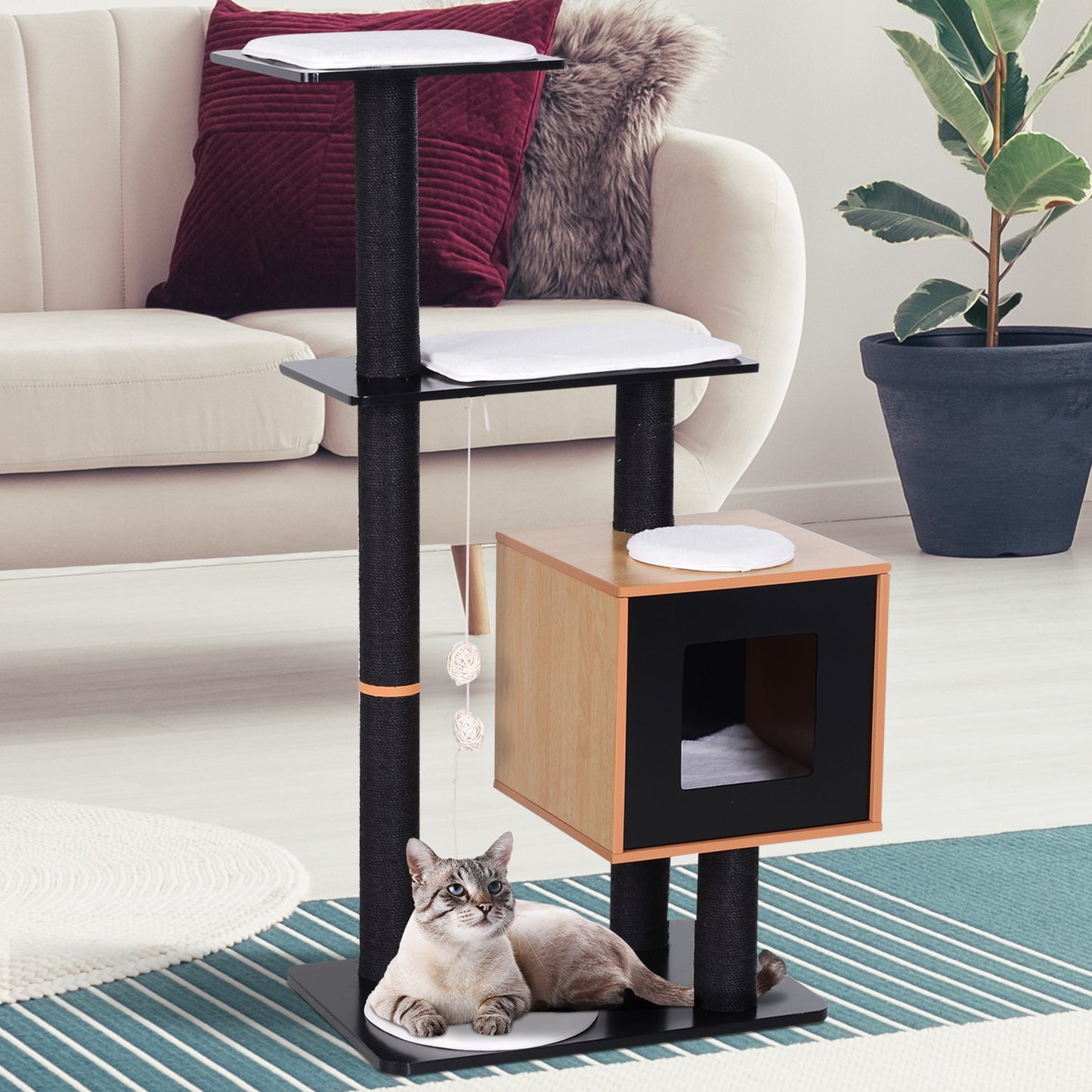 PawHut modern cat tree Condo Sisal cat climbing tree tower condoScratching Post and Washable Mat Activity Center Black | Aosom Canada