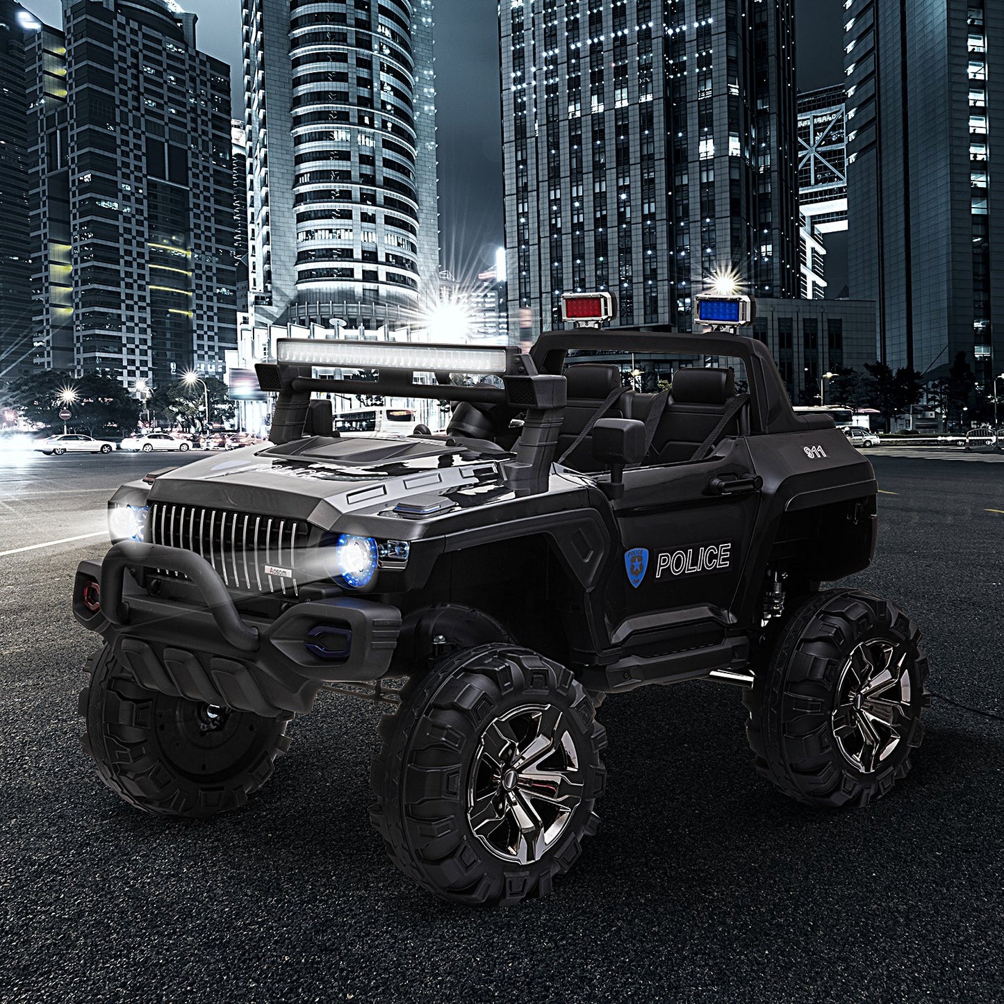 Aosom 12V Ride On Police Car 2 Seater Power Wheel Jeep Electric Cars For 3 - 8 Years Old Kids W/ Parental Remote Control Lack | Aosom Canada