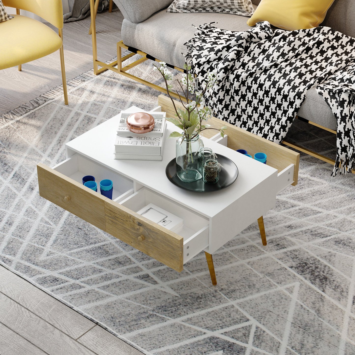 HOMCOM Coffee Table w/ 4 Drawers for Living Room, Reception Room, Cocktail Table, Sofa Table, Graceful Functional Table, Natural Wood | Aosom Canada