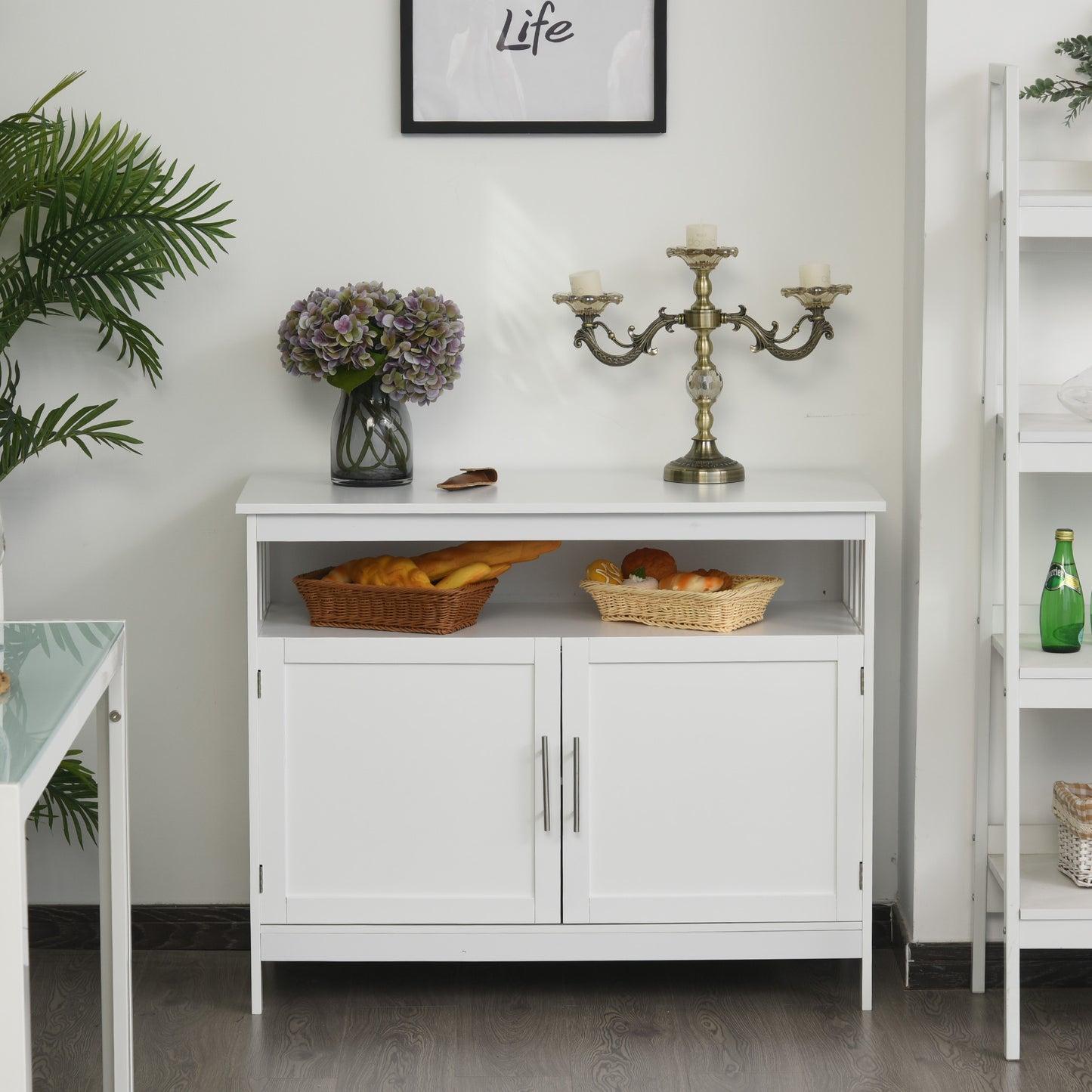 HOMCOM Kitchen Console Table Buffet Sideboard Wooden Storage Table with 2-Level Cabinet and Open Space Height Adjustable White | Aosom Canada