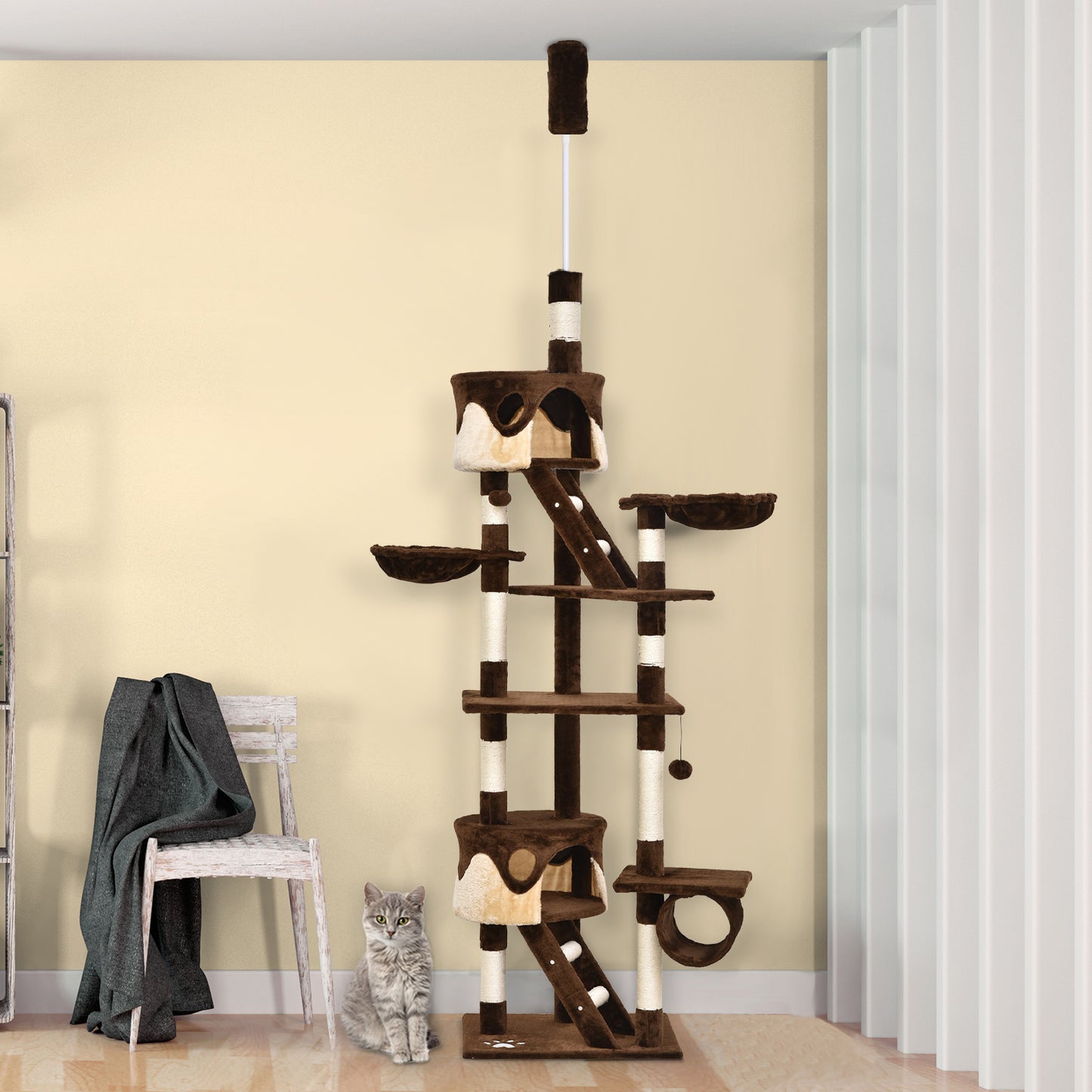 PawHut 94"-102" Huge Cat Scratching Post Cat Tree Canada Cat Tower Ceiling High Cat Condo Activity Center Multi-Level Play House Brown | Aosom Canada