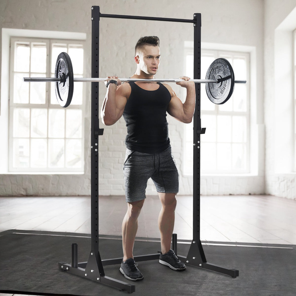 Soozier Adjustable Power Squat Rack Strength Training Fitness Pull Up Weight Home Gym Steel Black | Aosom Canada