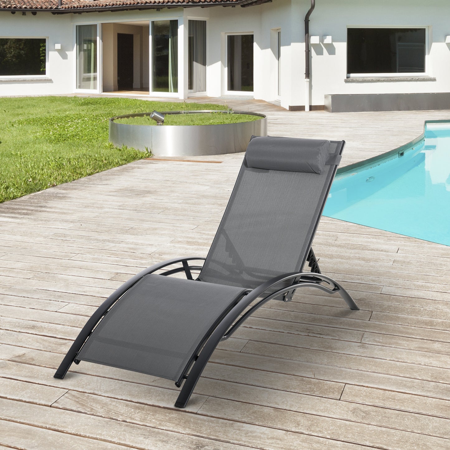 Outsunny Patio Reclining Outdoor Chaise Lounge Chair with 5-Level Adjustable Backrest Pillow Grey | Aosom Canada