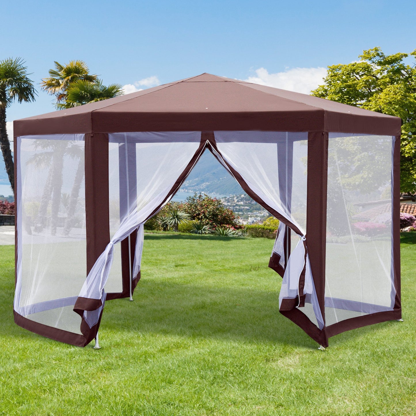 Outsunny 6' x 6' Hexagonal Garden Gazebo Patio Party Outdoor Canopy Tent Sun Shelter w/ Mosquito Net Zipped Door - Brown | Aosom Canada